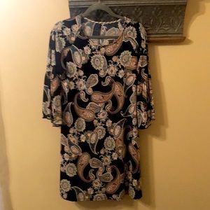 3/4 sleeve knit paisley dress. Navy/pink & teal.